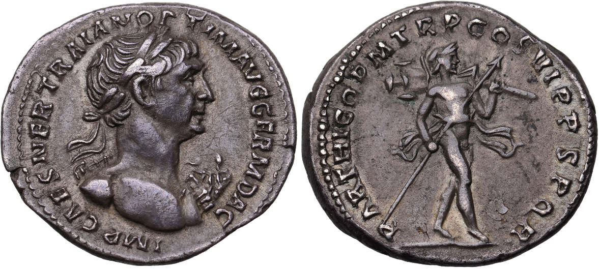 Trajan, 98-117 AD, AR Denarius, Mars, struck c. 116-117 AD, Woytek